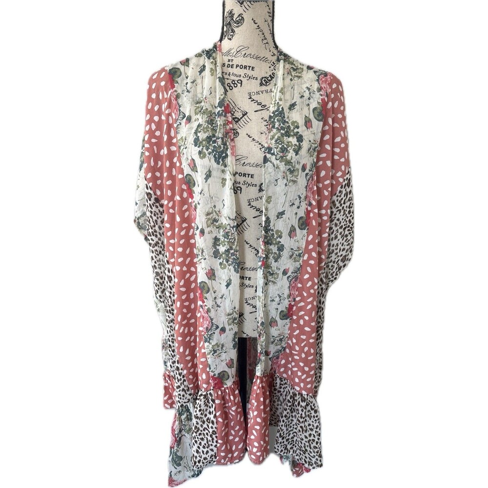 Umgee Boho Patchwork Kimono Cardigan Floral Animal Print Ruffle Hem Open Fr. M/L